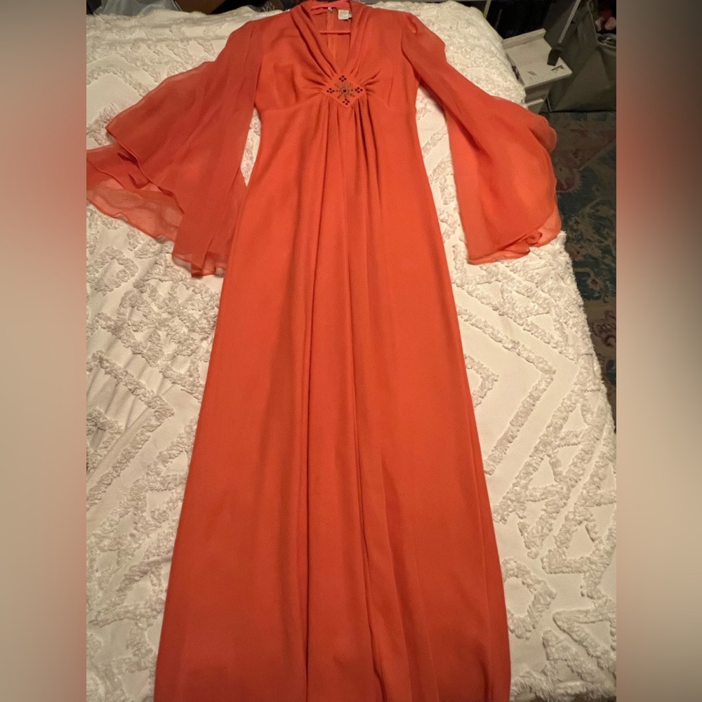 Elegant Vintage 60’s Long Belle Sleeve Orange Pink Hostess Dress